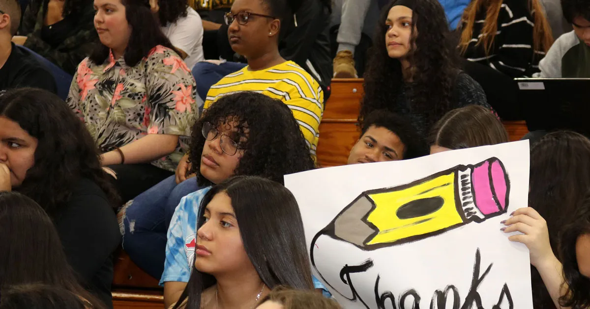 Hundreds of students gathered in the gymnasium at New Bedford High School for the 2020 Teacher of the Year ceremony.