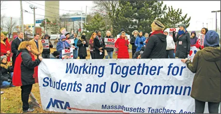 a crowd listened on Dec. 27 as state Representative Joan Meschino (D-Hull) spoke during a protest against the natural gas compressor station proposed for Weymouth. 